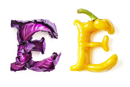 Vegetable Letter "E" Made of Red Cabbage and Yellow Pepper Isolated on White Backgroundの素材