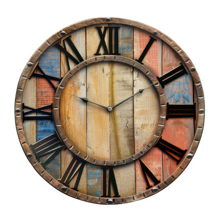 Wooden Colorful Vintage Clock Isolated on White and Png Transparent Backgroundの素材