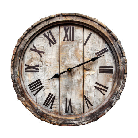 Wooden Gray Vintage Clock Isolated on White and Png Transparent Backgroundの素材