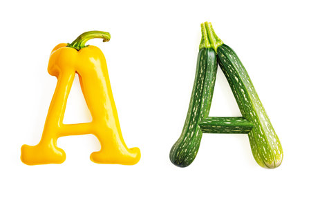Vegetable Letter "A" Made of Yellow Pepper and Marrow Isolated on White Backgroundの素材