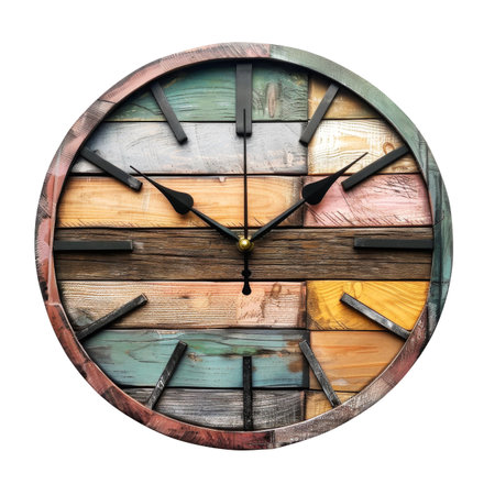 Wooden Colorful Vintage Clock Isolated on White and Png Transparent Backgroundの素材