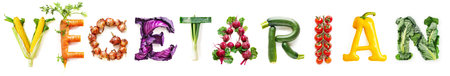 Vegetable Word Vegetarian (Made of Corn, Carrot, Onion, Red Cabbage, Leek, Beetroot, Zucchini, Cherry, Yellow Pepper, Cabbage ) Isolated on White Backgroundの素材