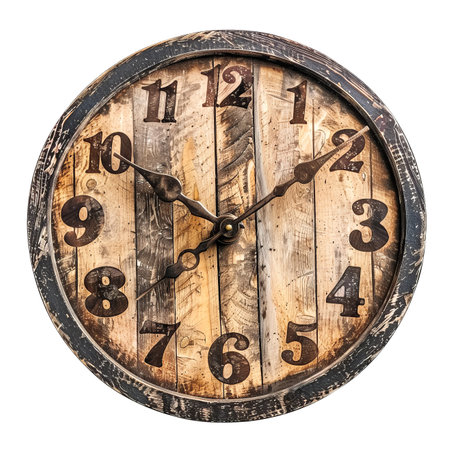 Wooden Gray Vintage Clock Isolated on White and Png Transparent Backgroundの素材