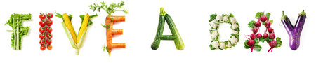 Vegetable Word "Five a Day" (Made of Celery, Cherry, Corn, Carrot, Marrow, Couliflower, Beetroot, Aubergine ) Isolated on White Backgroundの素材
