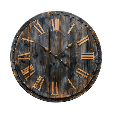 Wooden Black Vintage Clock Isolated on White and Png Transparent Backgroundの素材