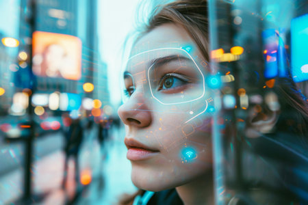 Woman Portrait with Technology Futuristic Visual Effectsの素材