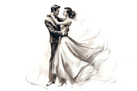Graphic of Elegant Man and Woman Dancing. Ink Painting in Black, White and Orange, Isolated on Whiteの素材
