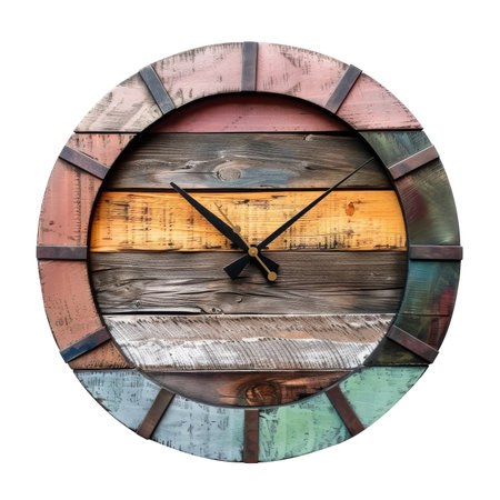 Wooden Colorful Vintage Clock Isolated on White and Png Transparent Backgroundの素材