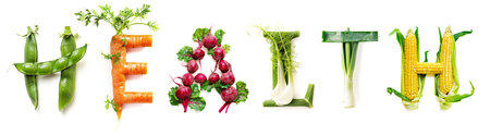 Vegetable Word "Health" (Made of Bean, Carrot, Beetroot, Celery, Leek, Corn) Isolated on White Backgroundの素材