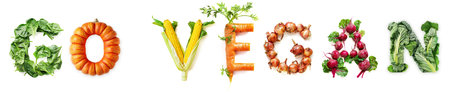 Vegetable Word Go Vegan (Made of Spinach, Pumpkin, Corn, Carrot, Onion, Beetroot, Cabbage ) Isolated on White Backgroundの素材