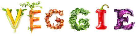 Vegetable Word Veggie (Made of Corn, Carrot, Onion, Spinach, Red Pepper, Red Cabbage ) Isolated on White Backgroundの素材