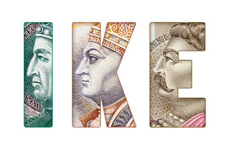 Inscription IKE (Individual Pension Fund) text made of Polish Banknotes Isolated on White and PNG Transparent Backgroundの写真素材