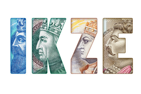 Inscription IKZE (Individual account of pension security in Poland) made of Polish Banknotes Texture Isolated on White and PNG Transparent Backgroundの写真素材