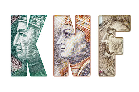 Inscription KNF (Abbreviation related to Financial Supervision Committee in Poland) text made of Polish Banknotes Isolated on White and PNG Transparent Backgroundの写真素材