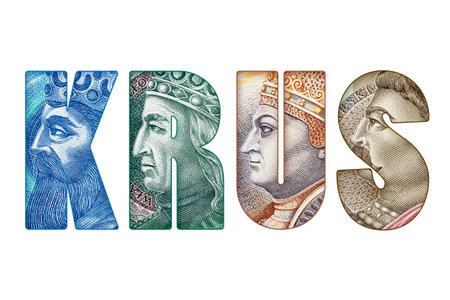 Inscription KRUS (social insurance for farmers in Poland) made of Polish Banknotes Isolated on White and PNG Transparent Backgroundの写真素材