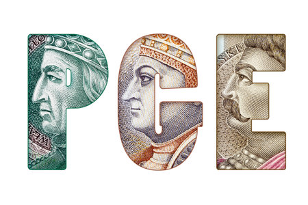 Inscription PGE (State Owned Company, Polish Energy Group) Made of Polish Banknotes Isolated on White and PNG Transparent Backgroundの写真素材