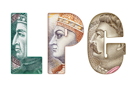 Inscription LPG (Liquefied Petroleum Gas) Text Made of Polish Banknotes Isolated on White and PNG Transparent Backgroundの写真素材
