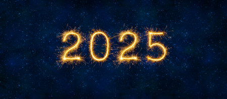 Happy New Year 2025 Fireworks on Night Sky Universe in Blue Bannerの写真素材
