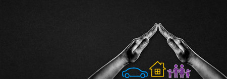Hands in Black and White in Gesture of Protection Car, House, Family Symbol Sign on Black Textured Background Banner with Copy Space. Insurance Conceptの写真素材