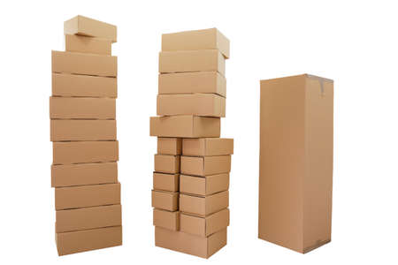 Uncoated, stacked boxes in brown, on white background.