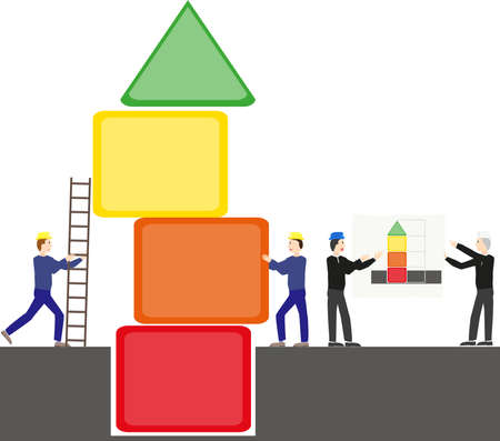 Team of construction workers to build a tower of different colors.Architect's foreman instruction on...