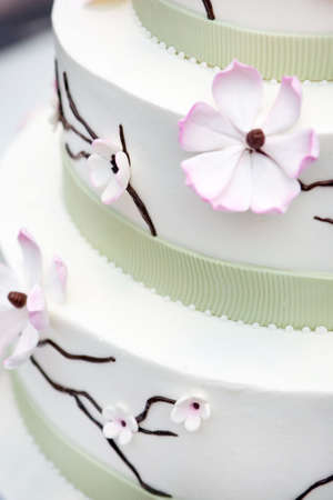 Wedding cake decorated with  apple tree flowersの写真素材
