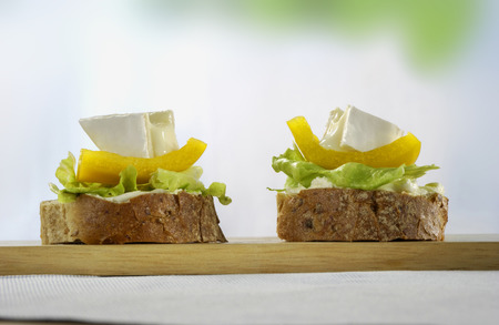 Appetizers of wholemeal bread with cheese and pepper salad
