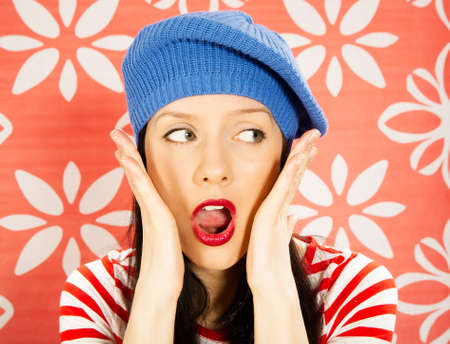 young smiling caucasian woman wearing retro clothesの写真素材