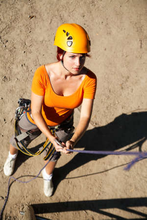 professional climbing gear with helmet pulley and carabinerの写真素材