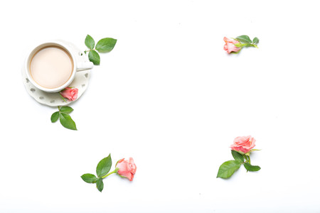 roses with coffee isolated on the white background, flower composition