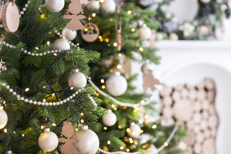 Christmas tree decorations and lights at home, xmas backgroundの写真素材