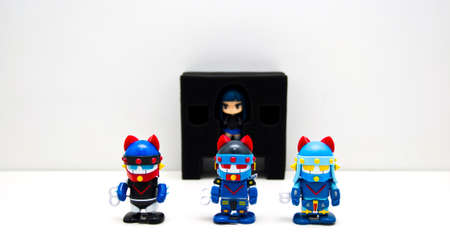 Three blue robots guarding artworks displayed in Korea exhibition hall on June 20, 2018.のeditorial素材