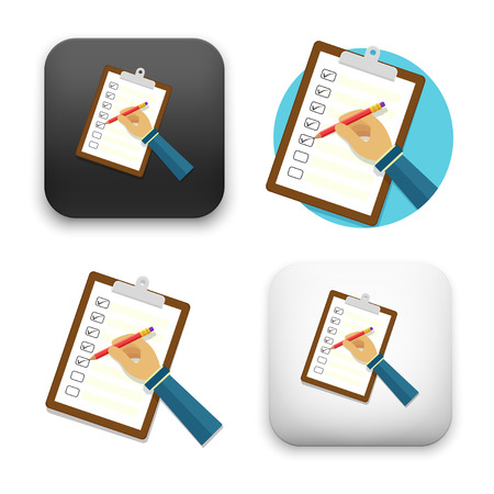 Hand holding clipboard with checklist and pencil illustration.のイラスト素材