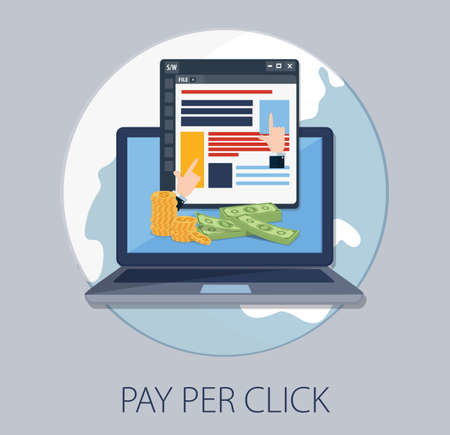 Flat concept for pay per click advertising, sponsored listing, paid search marketing vector banner with icons isolatedのイラスト素材