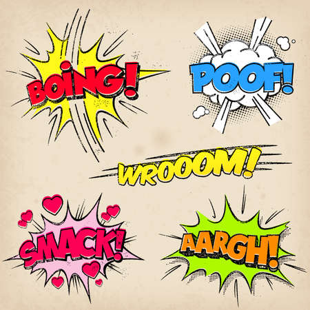 Collection of five multicolored comic sound Effects with a grunged Print Styleのイラスト素材