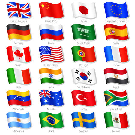 Vector Collection of 24 Top World Countries National Flags, in simulated 3D waving position, with names and grey shadow. Every Flag is isolated on its own layer with proper naming.の写真素材