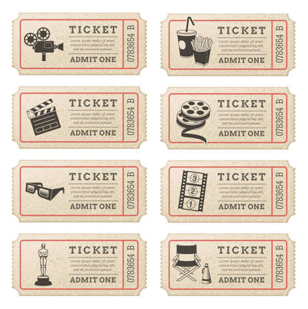 Eight hi quality vector cinema tickets  Each ticket is orgenized in 3 layers, separating background from art and text のイラスト素材