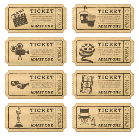 Eight hi quality vector cinema tickets  Each ticket is orgenized in 3 layers, separating background from art and text のイラスト素材