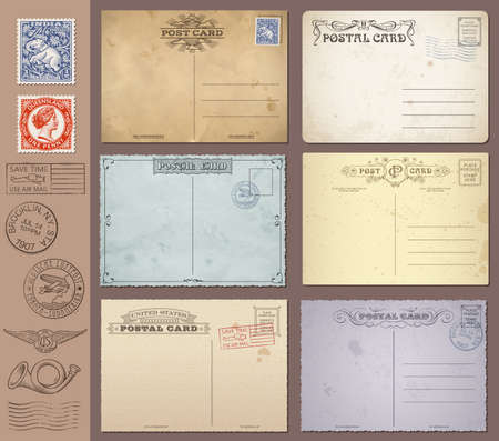 A set of high detail grunge Vintage Postcards and Stamps  Vector file is EPS v 10  Transparency effects are present  Vector file is organised with layers のイラスト素材