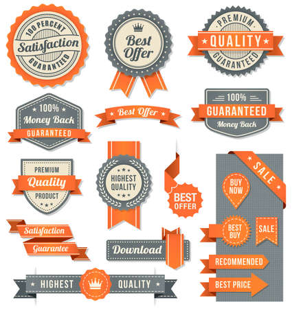 Set of eleven Orange and Black vector Commercial Labels and Ribbon templates and web elements. Vector file is organized in layers to separate Graphic elements from Text and Shadows.のイラスト素材