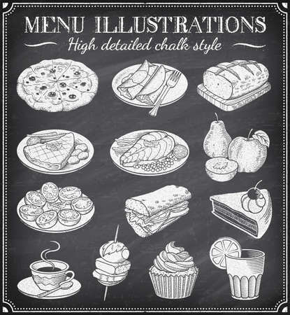 Vector Chalkboard Food Illustrations. Set of vector hand drawn illustrations on a dirty blackboard. Vector file is layered for ease of useのイラスト素材
