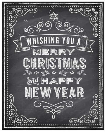 Vector Christmas Greeting Card with Chalk drawn "Merry Christmas and Happy new year" and a very cool background chalkboard. The art is fully layered for ease of editing.のイラスト素材