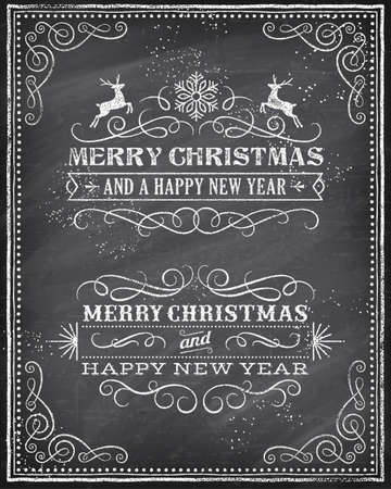 Vector Christmas Greeting Card with Chalk drawn "Merry Christmas and Happy new year" and a very cool background chalkboard. The art is fully layered for ease of editing.のイラスト素材