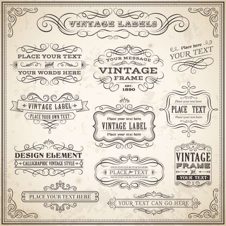 Big collection of Vintage Calligraphic Vector Labels and Banners, Vector file is fully layered for ease of use.のイラスト素材