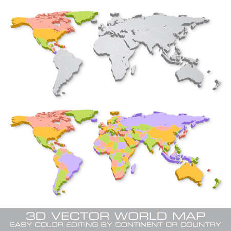 High Detail Vector Political World Map illustration with 3D shadow effect, cleverly organized with layers. Colored Countries can be easily turned to grey with Layers to hgihlight a continent or a single Countryのイラスト素材