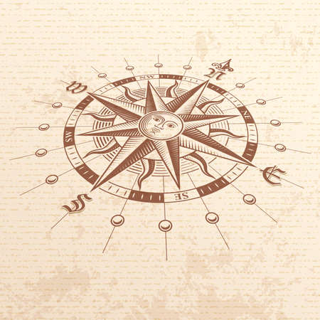 Vector hi quality Illustration of a Perspective view of an Antique Compass Rose ona vintage paper.