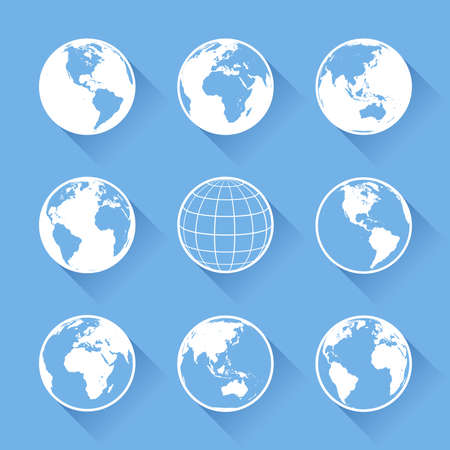 Set of nine vector globe icons with four views of the earth, with great detail.のイラスト素材