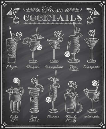 Set of ten beautiful illustration of some of the most famous Cocktails and Drink from all around the world, on a blackboard menu.のイラスト素材