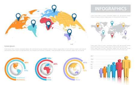 Map of the World mapped on a half sphere with city connections, and a full set of infographic elementsのイラスト素材