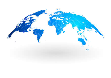 Detailed blue world map with white country borders, mapped on an open globe, isolated on white background.のイラスト素材